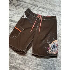 Y2K Billabong Board Shorts Men 36 Brown Sugar Skull Day of the Dead Surf Skate